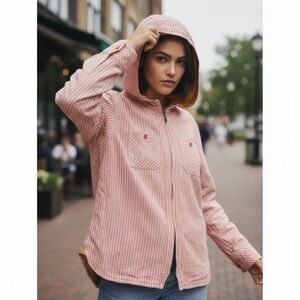 Hornytoad Women’s Utility Barn Jacket Small Pink Full Zip Hooded Pocket Striped